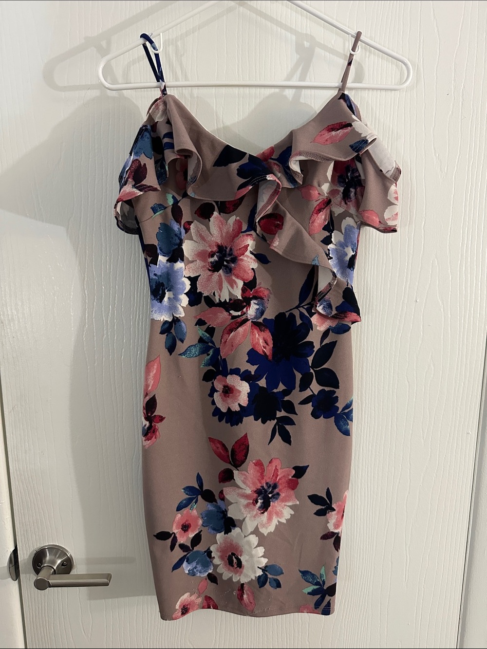 Iris Floral Ruffle Cold-Shoulder Dress in Taupe